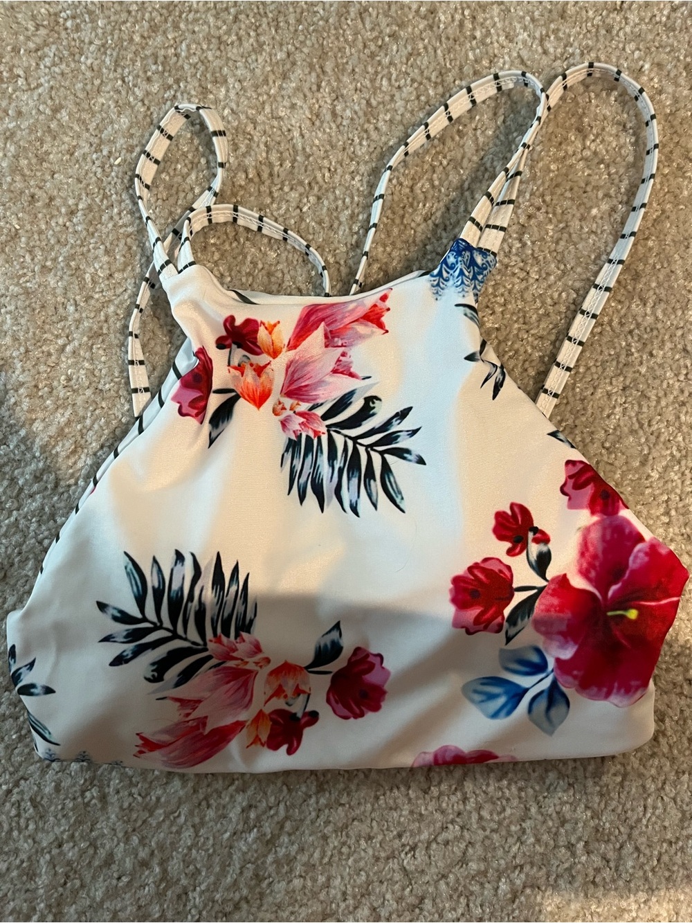 Floral High-Neck Bikini Top in White with Pink & Red Blooms